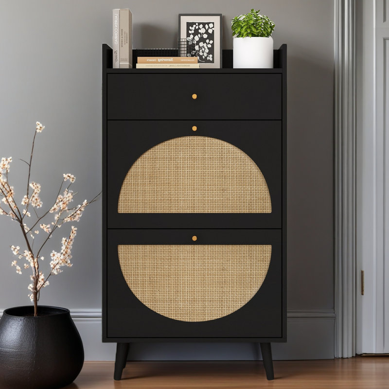 Rattan, Allen 2 Door 1 Drawer Cabinet, Shoe Rack, Double Layer, Suitable For Entrance, Black