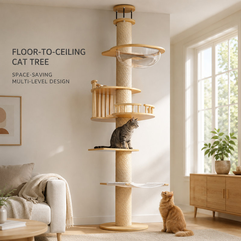 Arbre à chat du sol au plafond - Tour pour chat en bois massif à hauteur réglable (8 pi) avec poteau à griffer en sisal, capsule, lit de balustrade et hamac, installation sans perceuse pour chats d'intérieur (naturel)