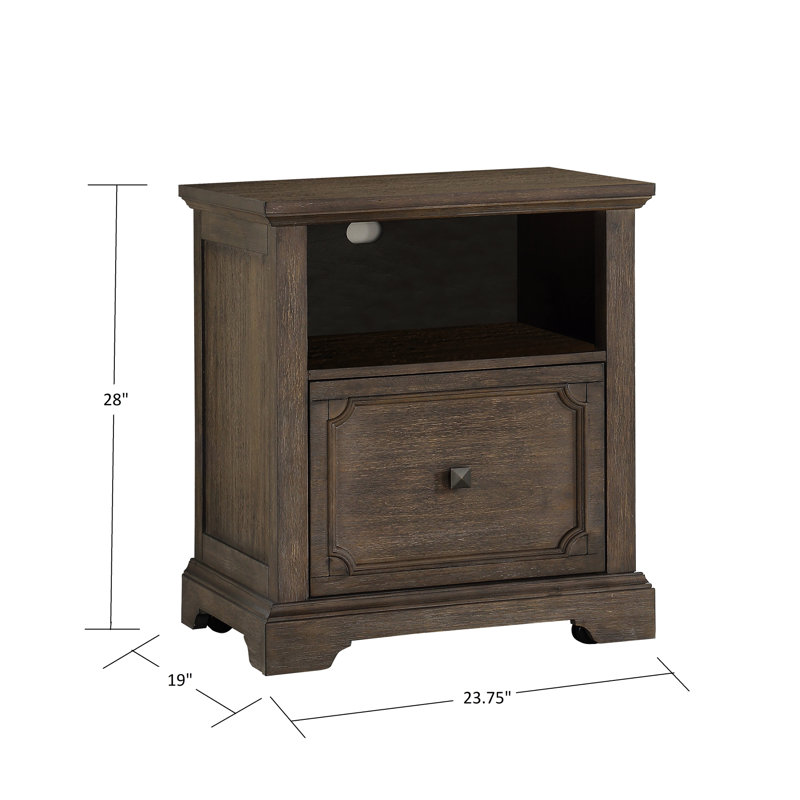 Bureau, classeur, finition chêne foncé, glissières à roulement, tiroir, rangement, mobilité, rangement de documents rustique, transitionnel, tablette, découpes de gestion des fils faciles
