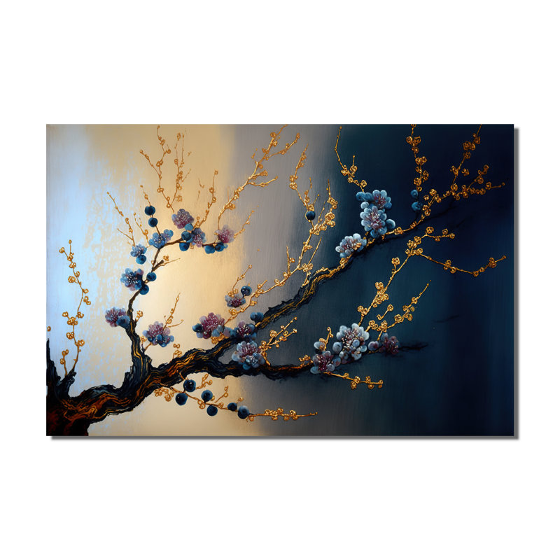 Blue Cherry Blossom Branch I - arbre, bonsaï, art mural, H 40 po x l 60 po