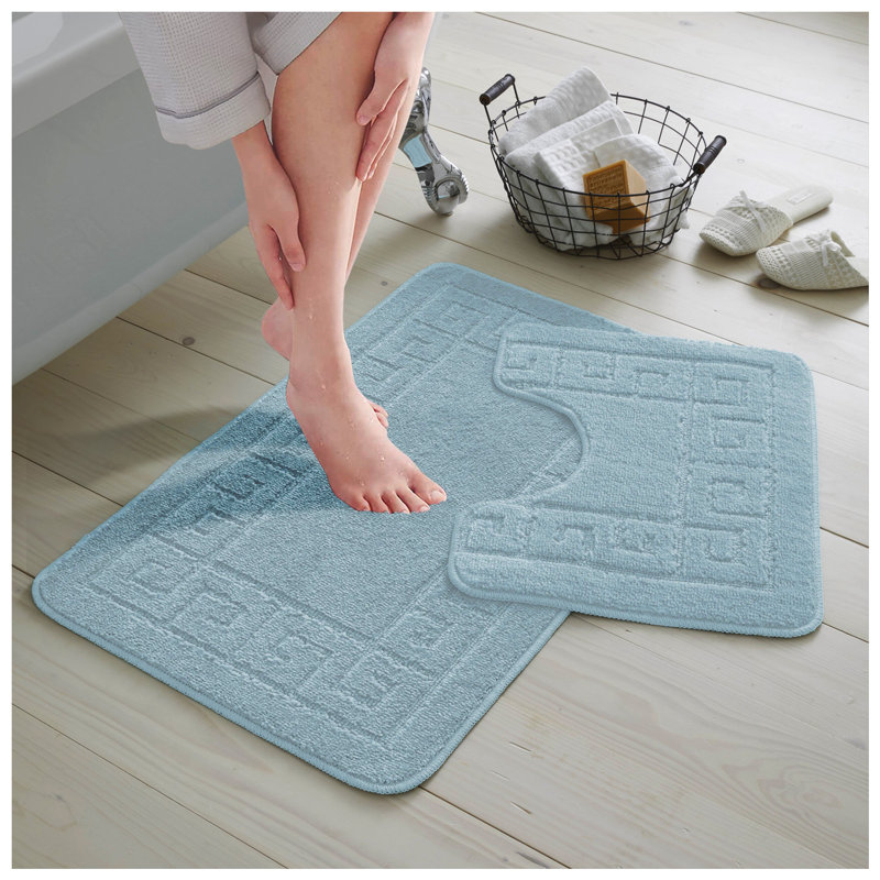 2 Piece Bathroom Rug Set Greek Key Pattern Bath Mat & Pedestal Mat Non Slip Rubber Back Soft Absorbent Mats, Aqua