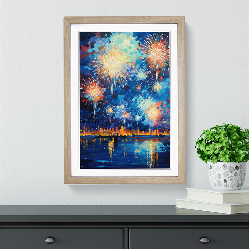 Fireworks Impressionism - Single Picture Frame Print on Wood, Oak, 46cm H x 34cm W x 2cm D