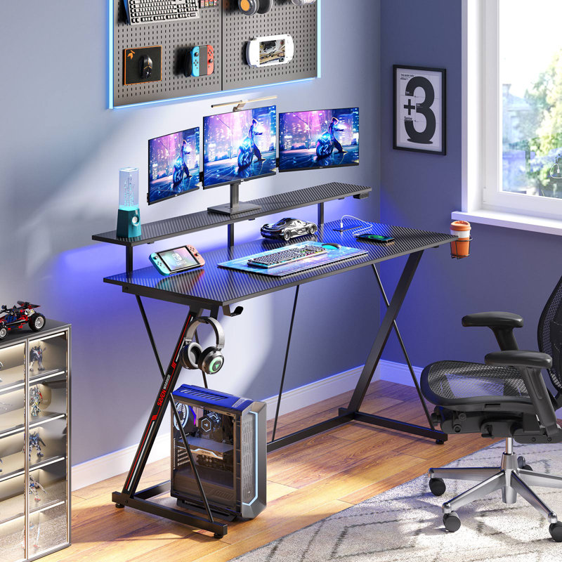 Gaming Desk with LED Lights & Power Outlets, Computer Desk with Monitor Shelf, 34.20" H x 47.20" W x 19.70" D