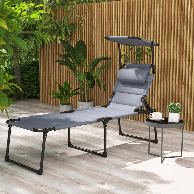 Chaise longue pliante avec auvent réglable et coussin, Gris