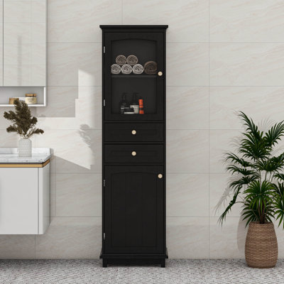 Armoire de rangement pour salle de bain avec portes en verre, deux tiroirs et tablettes réglables