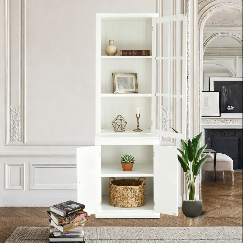 Grande armoire autoportante blanche à trois portes avec rangement en verre et portes réglables pour la cuisine, la salle à manger et le salon