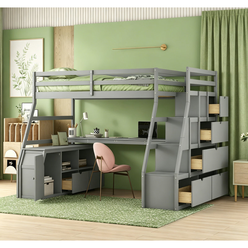 Lit mezzanine simple avec 7 tiroirs, 2 tablettes et bureau - parfait pour une utilisation compacte et multifonctionnelle dans les chambres d'enfants