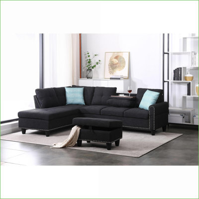 Canapé modulaire de 98 po de largeur faisant face à la gauche Chaise avec repose-pieds avec rangement | Lin gris foncé