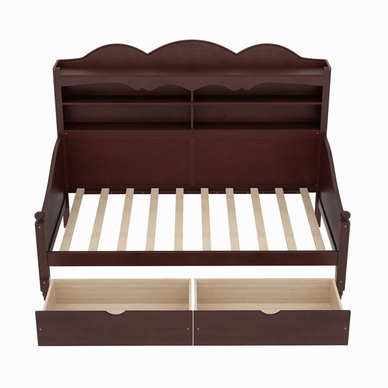 Twin Daybed With Storage Drawers, Wooden Twin Day Bed With Storage Headboard Shelving, Retro Style Daybed For Bedroom,Living Room,Guest Room