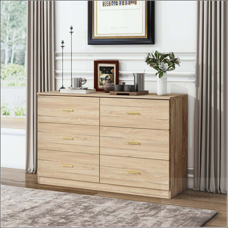 6-Drawer Natural Dresser - Ample Storage with Golden Handles