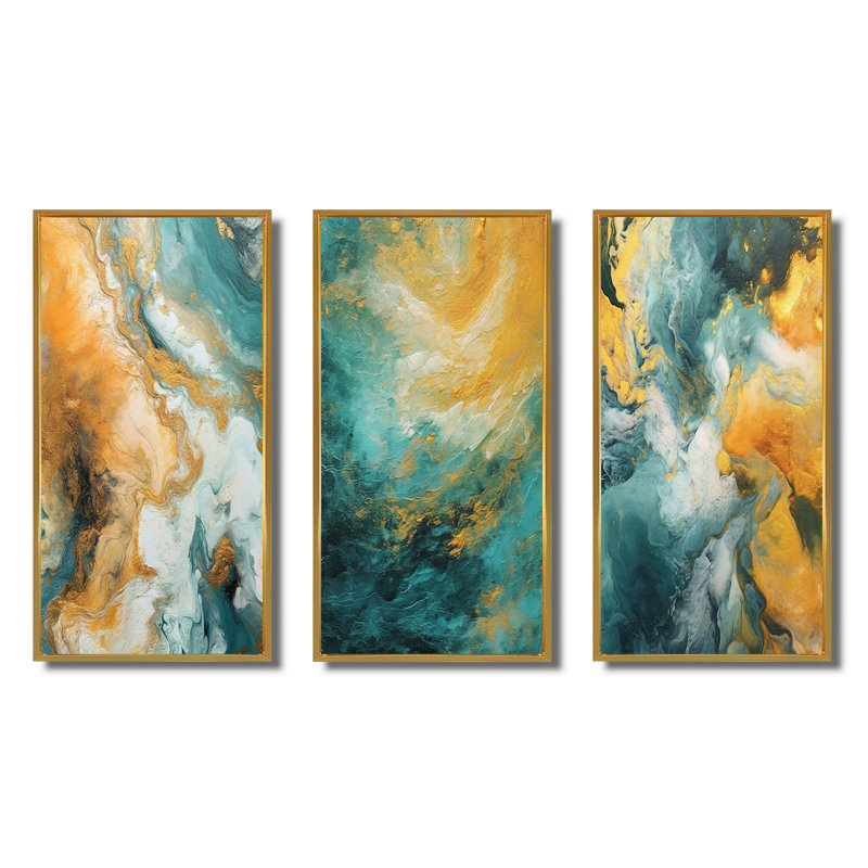 Golden Ocean Waves Turquoise Abstract I - 3 pièces, H 32 po x l 48 po, Encadrement doré