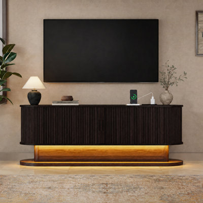 Meuble télé 60 po avec portes coulissantes en forme de tambour, meuble télé Mid-Century avec lumières DEL, prise de courant et tablettes réglables