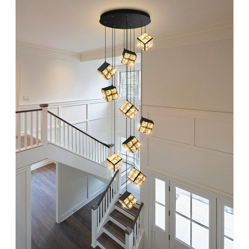 10-light Modern Dimmable Crystal Pendant Lights, Matte Black, 10 Lights, 118" H x 19.7" W x 19.7" D