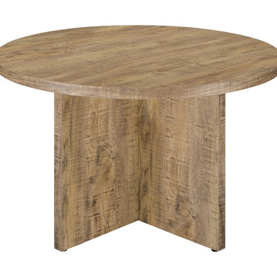 Table de salle à manger Mango - Finition ronde, base à panneaux géométriques, pieds croisés en X, sophistication rustique, sièges 4, hauteur de 30 pouces, largeur de 48,65 po et long, bois d'ingénierie pour une finition de conception de pièce,