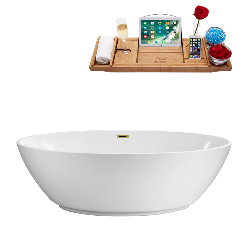 63" Streamline Freestanding Soaking Acrylic Bathtub With Drain and Bamboo Tray, Polished Gold