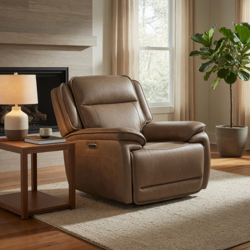 Fauteuil inclinable électrique Glenn avec appui-tête réglable, port USB, cuir brun