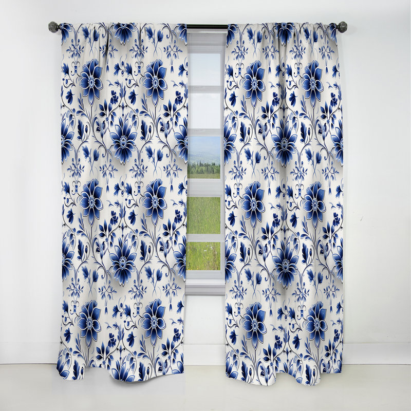 Rideau damas occultant motif cobalt à motif victorien II - 1 panneaux, L 52 po x L 120 po