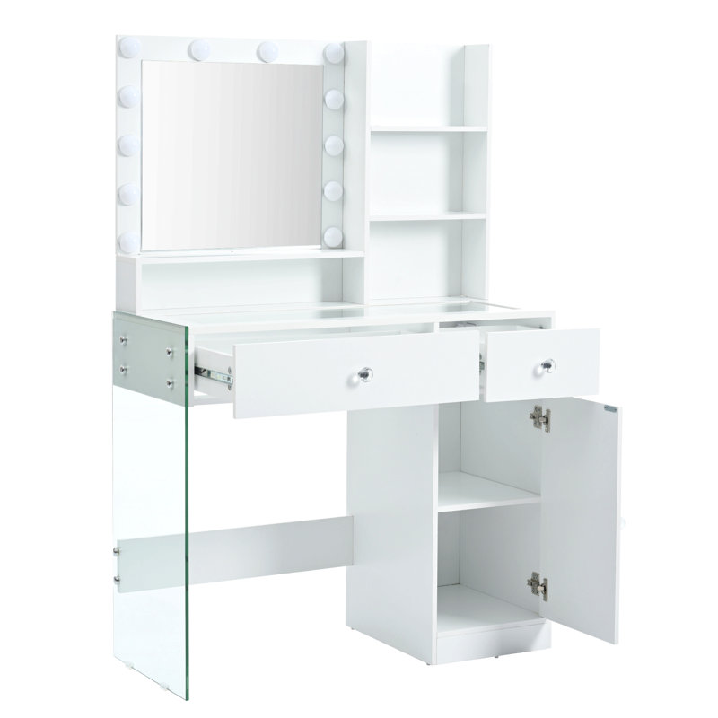 Bureau de coiffeuse avec miroir et 3 modes d'éclairage, coiffeuse de maquillage avec plateau en verre et tablettes de rangement, coiffeuse avec 2 tiroirs et armoire