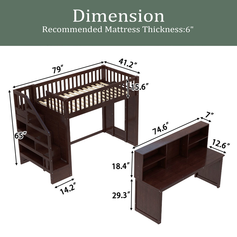 Lit mezzanine avec bureau mobile et tablette de rangement, avec escalier de rangement, Simple, Espresso