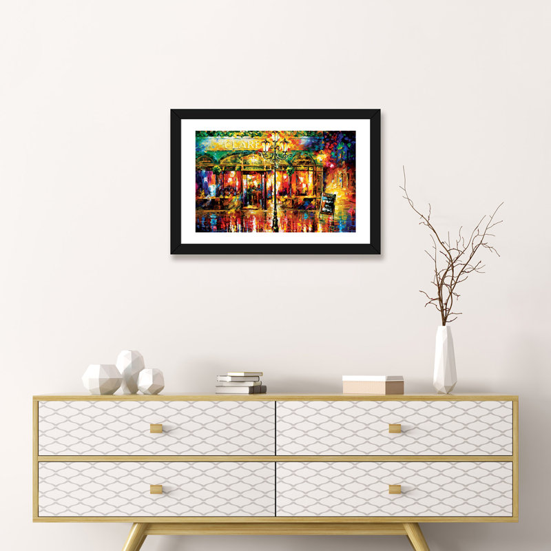 Clarens Misty Café par Leonid Afremov - reproduction d'art, H 16 po x l 24 po x P 1 po, Papier encadré noir