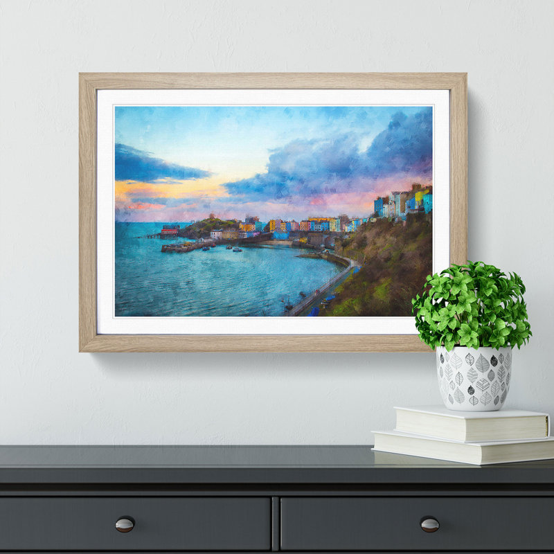 Tenby Harbour in Pembrokeshire Wales - Picture Frame Painting Print, Oak, 33cm H x 45cm W x 2cm D