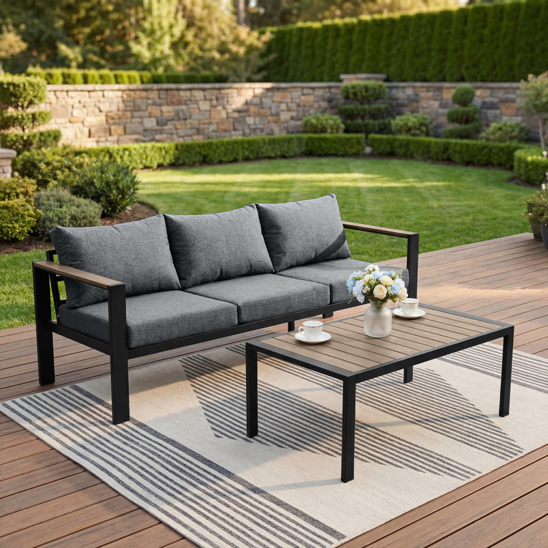 2-Piece Aluminum Outdoor Patio Sofa Set with 3-Seat Couch and Coffee Table, 27.5 in. Deep Seating and Washable Cushions, Gray