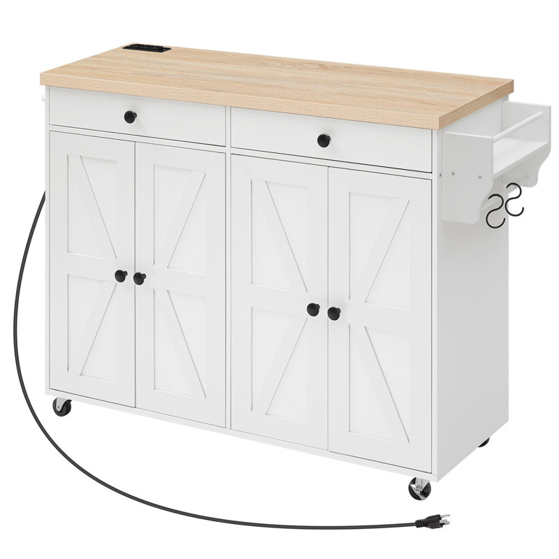 Jemal 43.3" Rolling Kitchen Island with Storage and Power Outlet, White