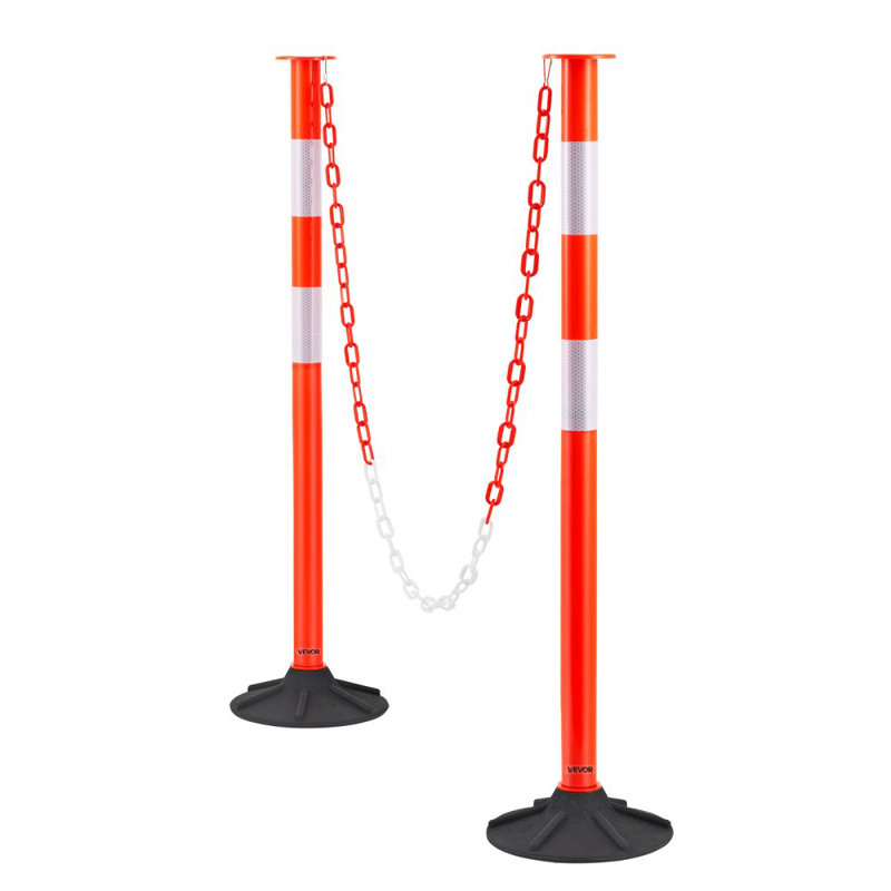 Poteaux de délimitation de la circulation, cônes de sécurité de la circulation de 34 po avec base lestée, bandes et chaînes réfléchissantes, poteaux de délimitation robustes pour chantier de construction, parc de stationnement, contrôle des foules, rouge