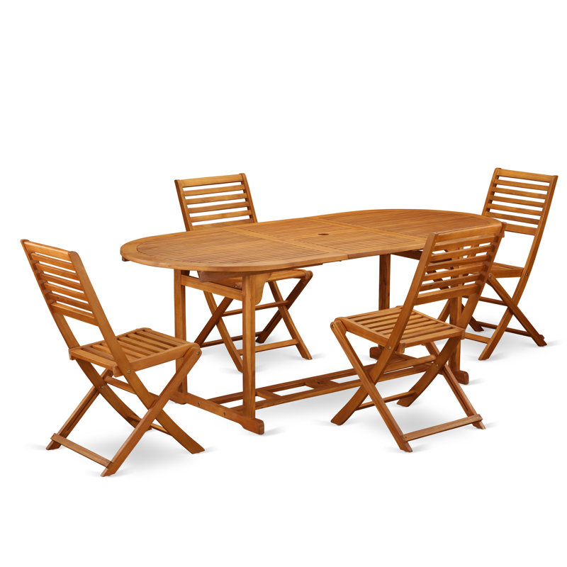 Ensemble repas 5 pièces pour patio comprenant une table ovale d'extérieur en bois d'acacia et 4 chaises d'appoint pliantes, 36 x 78 pouces, huile naturelle