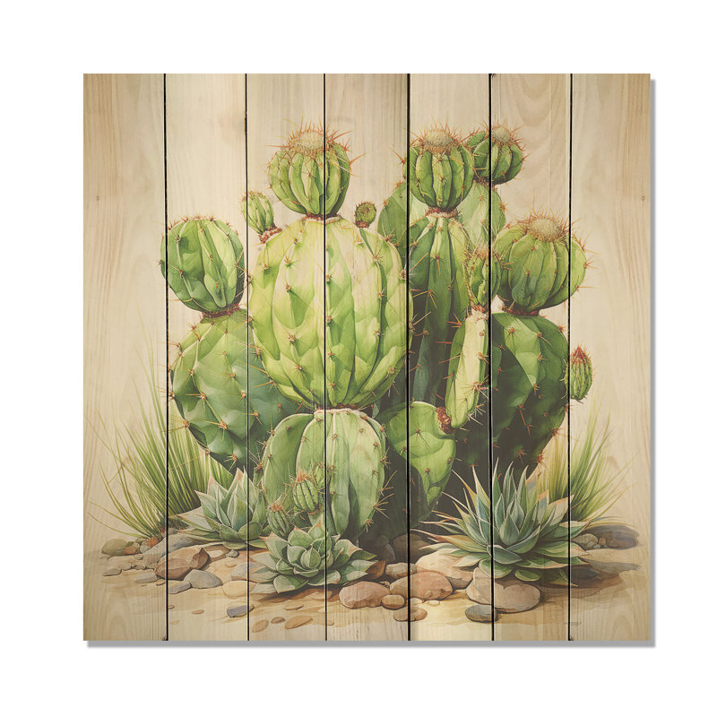 Impression de cactus vert désertique I - fruits sur bois, H 15 po x l 15 po