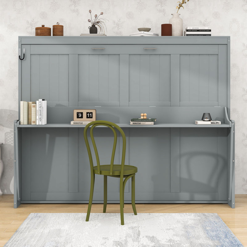 Lit escamotable en bois avec tablettes, gris, Grand