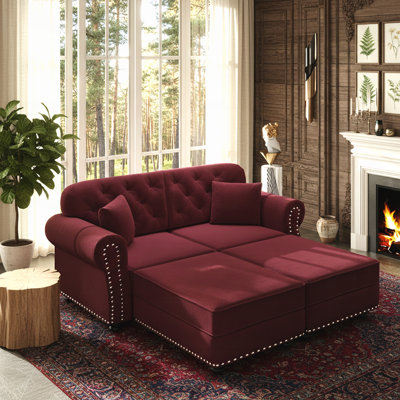 Canapé Chesterfield de style Mid-Century moderne avec revêtement en velours, garniture cloutée et accoudoirs roulés, comprend 2 coussins et 2 repose-pieds
