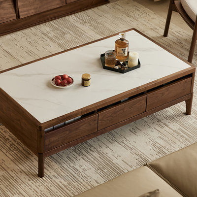 Walnut Slate Coffee Table with Six Drawers