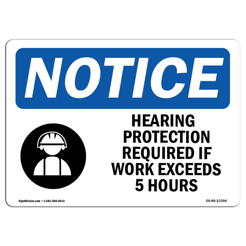 Hearing Protection Required Sign, 12" H x 18" W x 0.1" D