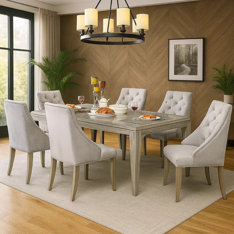 Ensemble de table de salle à manger 7 pièces Jamie, 6 chaises capitonnées en tissu, gris argenté