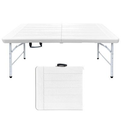 Table pliante blanche à grain de bois de 4 pi, table en plastique portative pour le camping, les pique-niques, les fêtes, la table pliante à port élevé