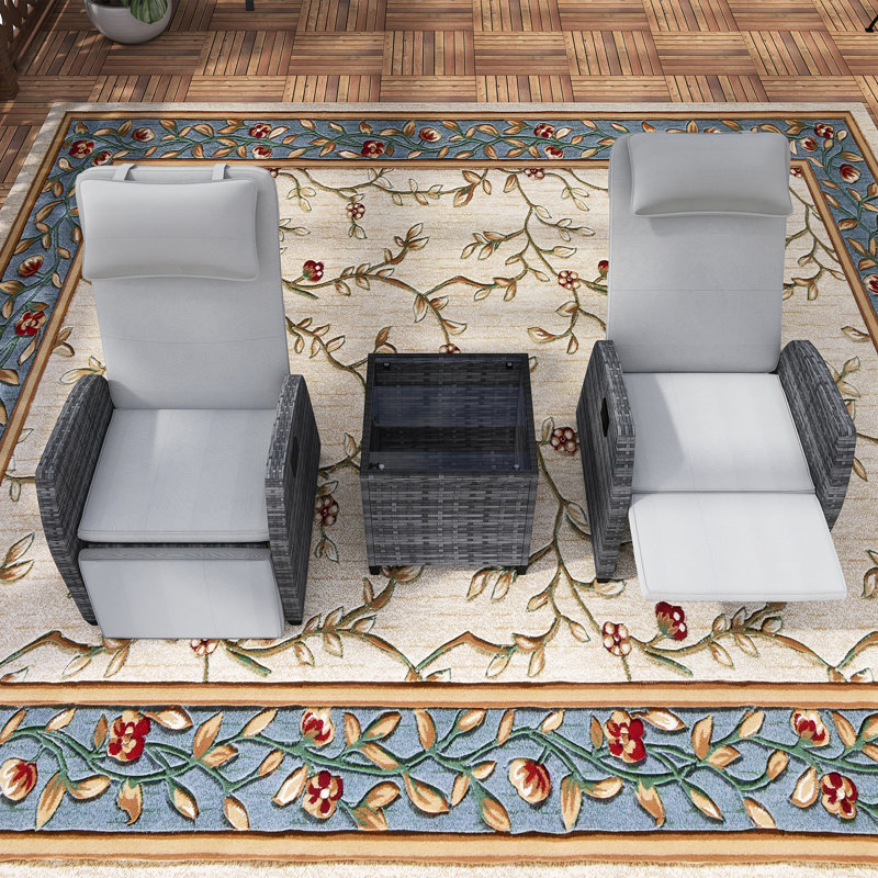 Ensemble 3 pièces de chaise longue d'extérieur réglable en rotin avec table basse en verre trempé, Beige