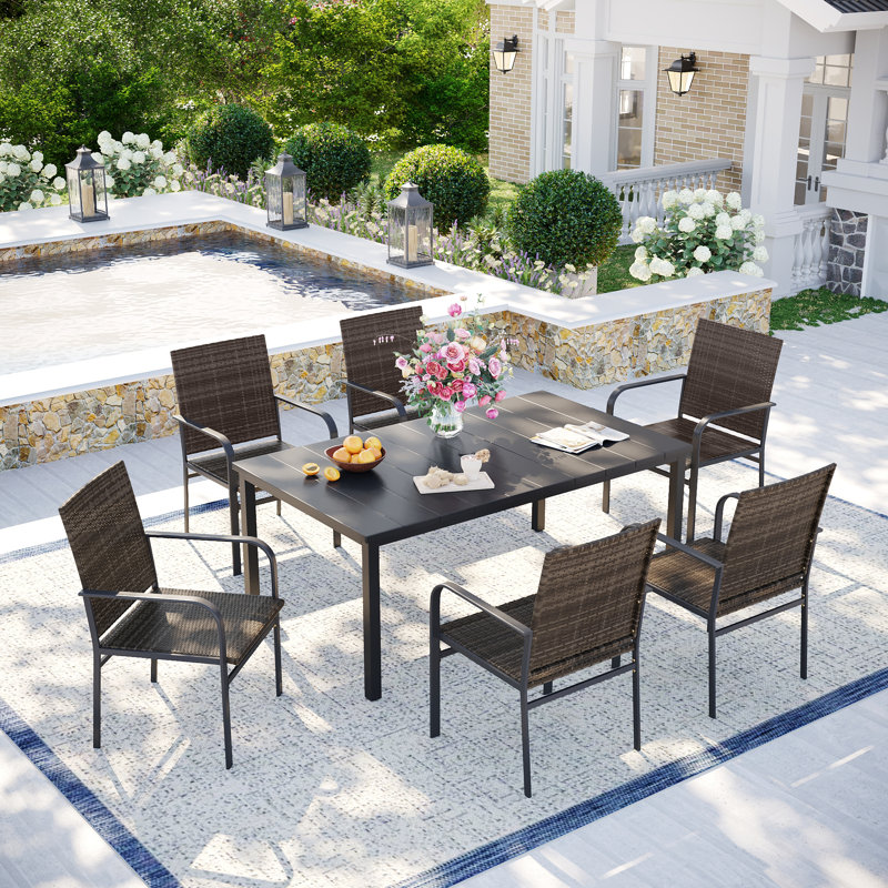 6-Person Patio Dining Set with Metal Rectangular Dining Table and 6 Rattan Armrest Chairs, Black