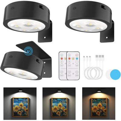 3 Pack Picture Lights For Wall, Rechargeable Battery Operated Wall Lights, Picture Frame Lights With 3 Lighting Modes, Wireless Magnetic Painting Light With Remote Control Timer (Black, 3 Pack)
