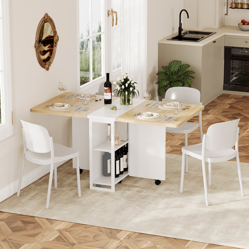 Folding Dining Table with Drop Leaf for 4-6, Space-Saving  Foldable Kitchen Table with 2-Tier Storage Racks, 6 Wheels,  127×80×75cm