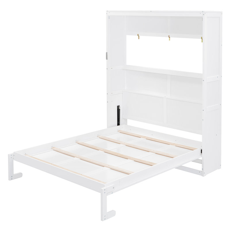 Grand lit escamotable mural avec tablettes, blanc, White