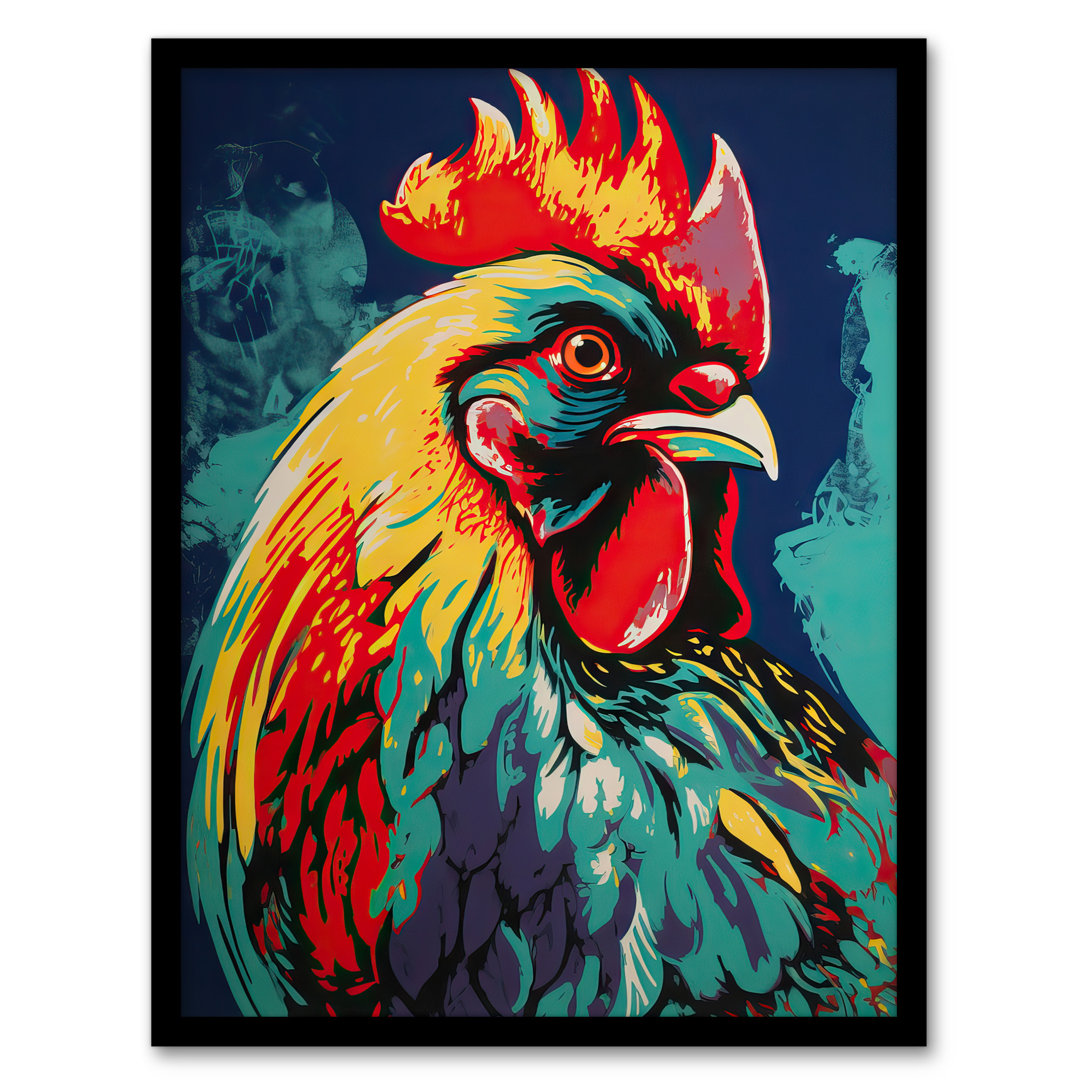 Ishilde Cockerel Rooster Chicken Hen Red Yellow Turquoise Vibrant - Single Picture Frame Print