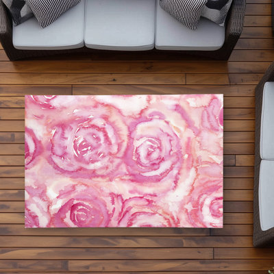 Bouquet of Roses in Watercolor - Pink Botanical Outdoor Rug