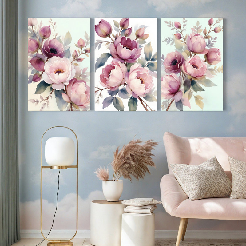 Peony Floral Canvas Wrapped Wall Art, Watercolor Print (Set of 3), 18" H x 36" W