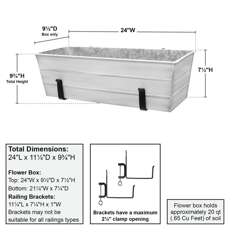 Medium White Galvanized Steel Flower Box with Black Brackets