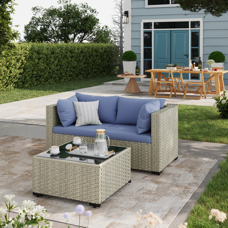 Canapé de patio en rotin avec coussins 3 pièces, Bleu brume