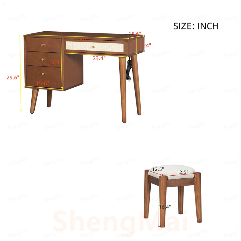 Ensemble de coiffeuse en bois de style rétro bohémien avec prise de charge, port USB, tabouret et 4 tiroirs de rangement pour une élégance organisée