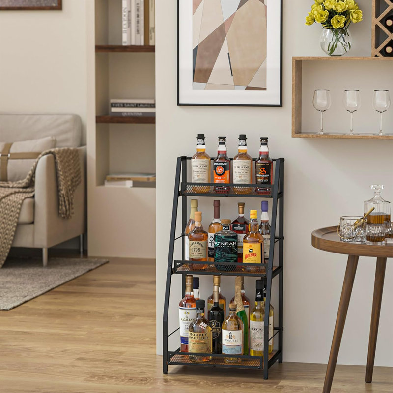 Support à vin à 3 niveaux avec présentoir étagé - étagère de rangement pour bouteilles d'alcool, panneau de fibres à densité moyenne rétro et support en fer pour bar, salon et cuisine