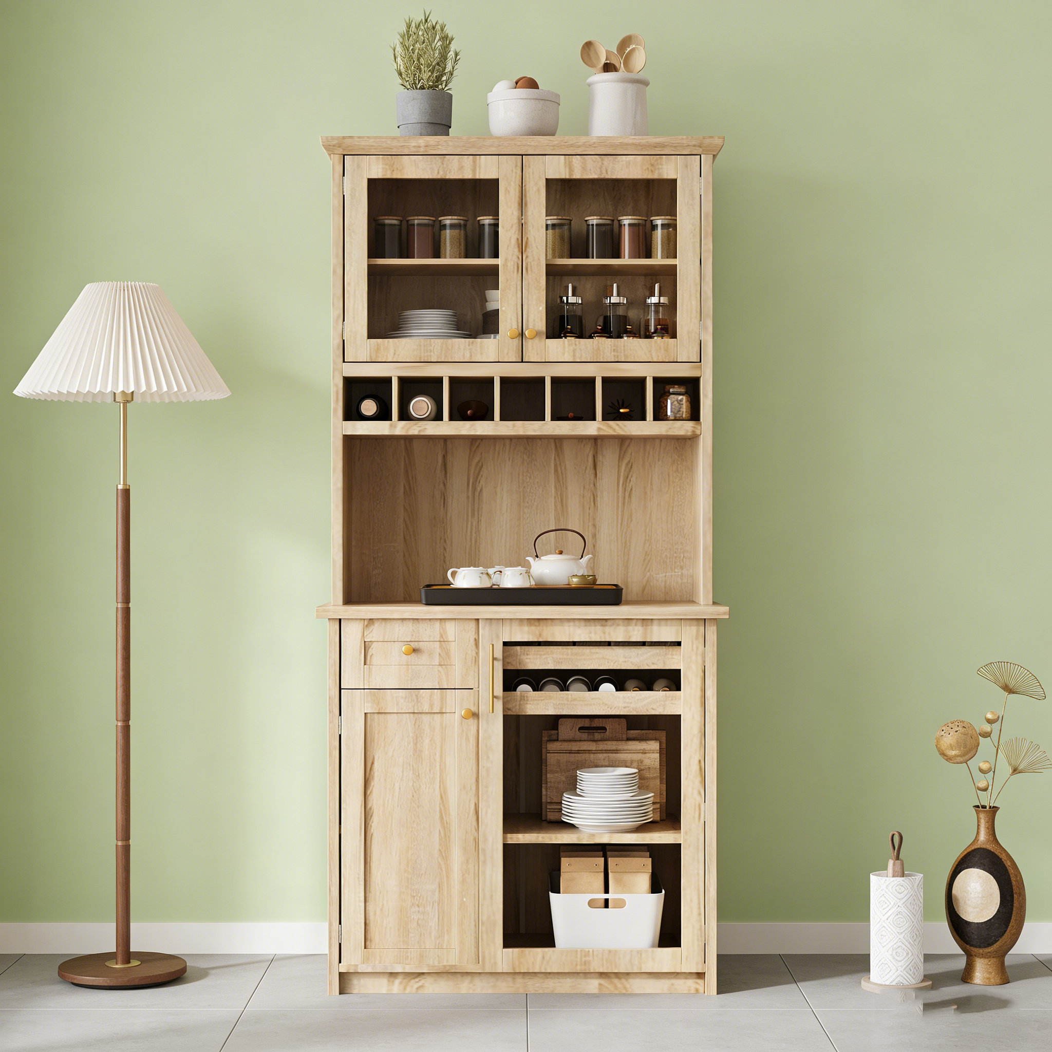 Farmhouse Buffet with Hutch Featuring Adjustable Shelves, Wine Rack, and Tempered Glass Doors for Dining Room Storage. - Natural Color