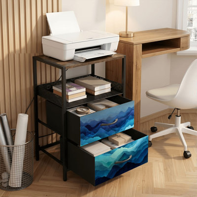 Table de chevet 2 tiroirs avec station de charge, table de chevet pour chambre avec ports USB et amp; Outlets Open Shelf Black, table de chevet avec peinture abstraite bleue